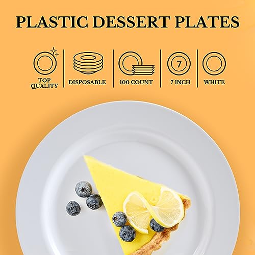 FOCUSLINE 100 White Plastic Plates, 7" Small Disposable Dessert Plates | Disposable Heavy Duty Dessert Plates, Premium Hard Plastic Plates Disposable Salad Plates for Weddings, Parties and Events