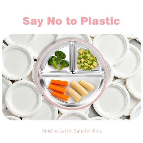 Bakpoco Stainless Steel Suction Plates for Toddlers, 8" Divided Kids Baby Plates with Removable Silicone Suction, Non Toxic Non Slip Portion Control Snack Dishes 3 Packs, Pink Beige Lilac