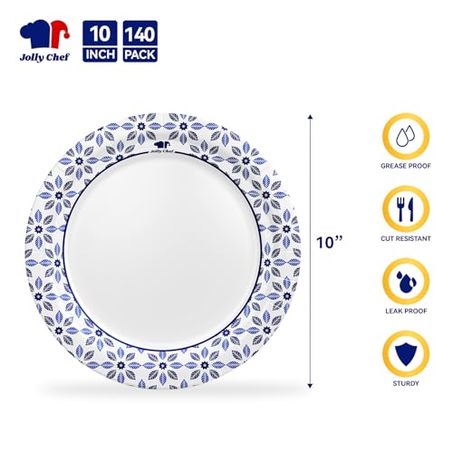 JOLLY CHEF 10 inch 140 Pack Disposable Paper Plates | Soak Proof, Cut Proof, Microwave Safe Heavy Duty for Party, Picnic or Everyday Use