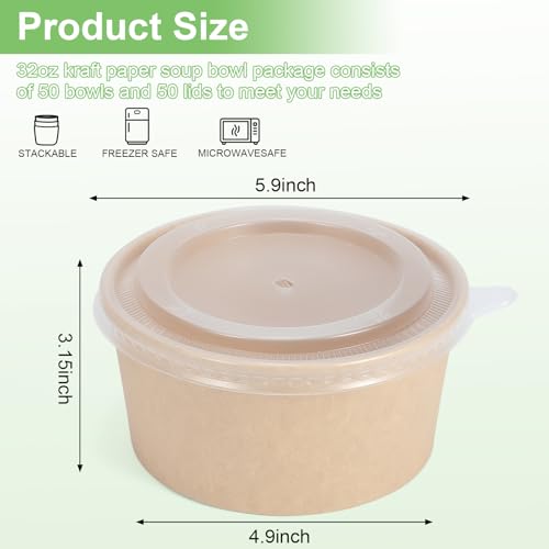DUIBAOCHUN 50 Pcs 32 Oz disposable meal prep containers，paper bowls with lids，disposable soup bowls，soup bowls disposable hot/cold，disposable salad bowls with lids，