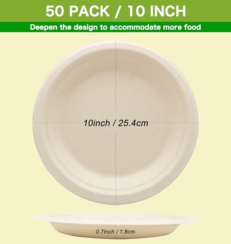 BLUE TOP 100% Compostable Disposable Paper Plates Heavy Duty Waterproof Plates-50 Pack 10 inch Eco-Friendly Plates, Natural Biodegradable Sugarca Bagasse Dinner Plates Unbleached Brown
