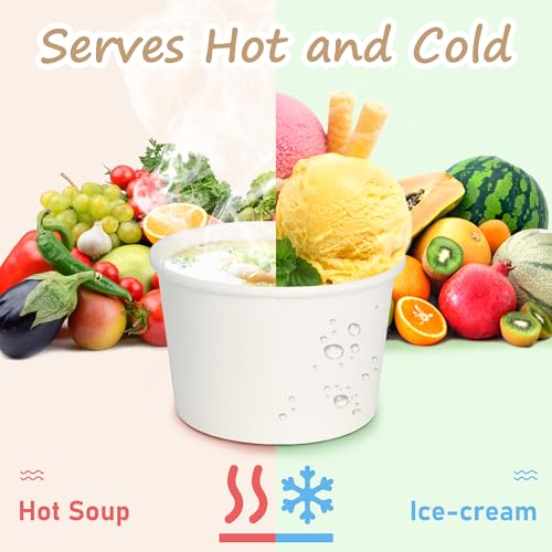ESSENTIAL Paper Ice Cream Cups, 50 Pcs 8oz Paper Snack Bowls | Disposable Dessert Bowls (No Lids) for Hot or Cold Food, Paper Snack Containers for Sundae, Frozen Yogurt, Soup (White)