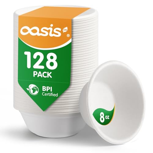 OasisSN 8 oz 128-Pack Compostable Paper Bowls, Small Disposable Dessert & Snack Bowls, Heavy-Duty Bagasse Bowls for Ice Cream, Sauce & Kids Meals, Microwave & Freezer Safe, Eco-Friendly (White)