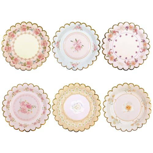 Xjoviative 48 PCS Vintage Floral Paper Plates 7 inch, Scalloped Flower Tea Party Plates Disposable Cake Dessert Plate for Birthday Bridal Shower Baby Shower Wedding Party Decorations (Floral)