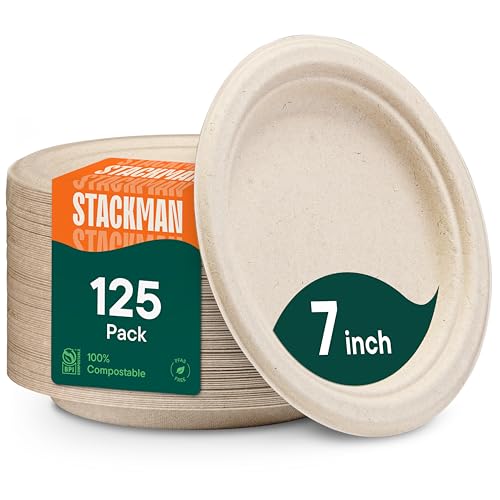 Paper Plates, 100% Compostable Heavy Duty, Disposable 7 Inch, Small Dessert Plate - [125-Pack] Eco-Friendly, Biodegradable Bagasse Natural Brown 7" Small Plates - (PFAS-Free) - (BPI Certified)