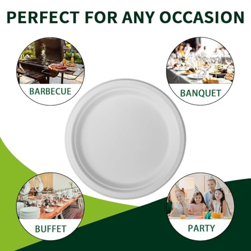 10 Inch Compostable Paper Plates【White 150 Pack】, 100% Sugarcane Bagasse Large Disposable Plates, Sturdy Heavy Duty, Biodegradable Dinnerware for Party, BBQ, Picnic, Catering