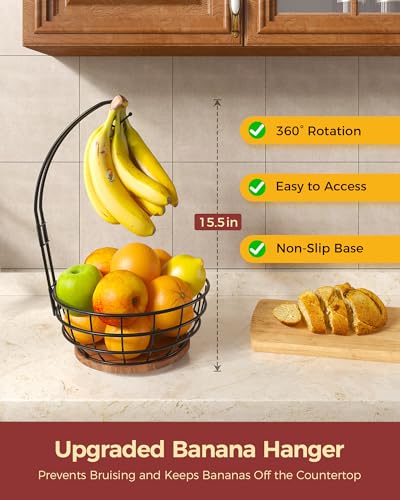 Sevenblue 360° Rotating Fruit Bowl for Kitchen Counter with Banana Holder | Stable Metal Basket with Wooden Lazy Susan Base, Upgraded Banana Hanger Prevents Bruising, Ideal for Fruits, Bananas & Snacks