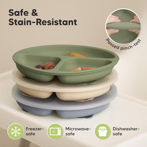 KeaBabies Suction Plates with Lids for Baby, 3pk, BPA-Free Silicone, Slate | Food Grade Silicone Toddler Plates with Suction, Divided, Kids Baby Led Weaning Essentials, Dishwasher & Microwave Safe