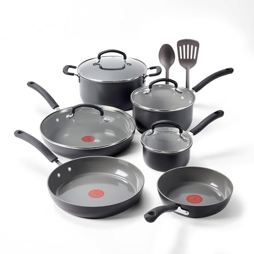 T-Fal Ultimate Hard Anodized 12-Piece Ceramic Nonstick Cookware Set, Oven Safe Up to 400°F, Ceramic Pots and Pans Set, Frying Pans, Saucepan, Stockpot, Cooking Utensils, Stone