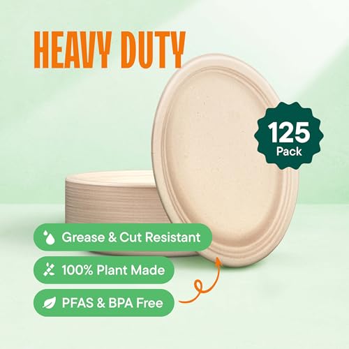 100% Compostable Oval Paper Plates [12.5 inch - 50-Pack] Elegant Disposable Dinner Platter Heavy-Duty Quality, Natural Bagasse Unbleached Eco-Friendly Made of Sugar Cane Fibers, [12.5" x 10" Platter]