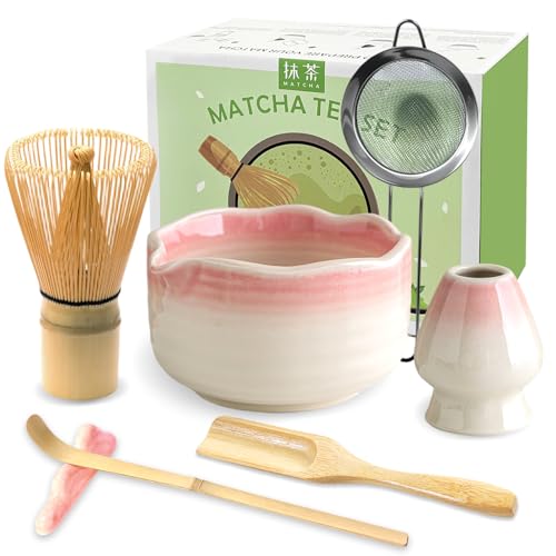 JBER Matcha Whisk Set, 7PCS Matcha Set with Bamboo Whisk and Ceramic Bowl | Complete Matcha Kit Includes 17oz Bowl, Handmade Whisk 100 Prongs, Holder, Spoon, Sifter for Matcha Lovers, Gradient Pink