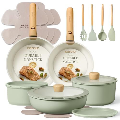 CAROTE 19pcs Pots and Pans Set Non Stick, Detachable Handle Cookware, Green
