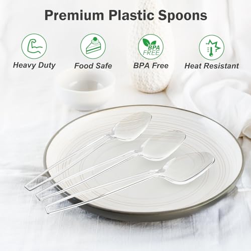 Dealusy 100 Count Clear Plastic Spoons Disposable | BPA-Free, Heat Resistant, Solid and Durable Disposable Spoons Heavy Duty Bulk, Premium Spoons for Party Supply