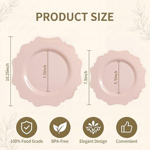 COLOSUS 60 PCS Pink Disposable Plastic Plates, Fancy Beaded Party Plates. | Pink Plastic Plates, Hard Scalloped Plates Include 10" Dinner Plates & 7.5" Dessert plates for Party, Birthday & Wedding.
