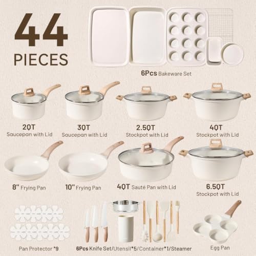 CAROTE 44pcs Pots and Pans, Nonstick Cookware Sets with Bakeware