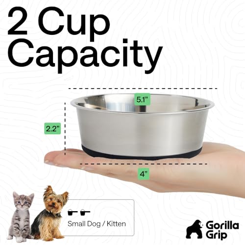 GORILLA GRIP Dog Bowl Set, Food Grade 304 Stainless Steel, 2 Cup, Black | Dishwasher Safe Stainless Steel Pet Feeding Bowls Hold 16 fl oz Each, Durable Silicone Grip Base
