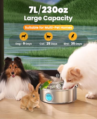 Oneisall 7L/230oz Pet Water Fountain | 25db Quiet Design,304 Stainless Steel,Contain 6Set Filters,Visual Water,5-Layer Filtration,Fit for Living Room Kitchen
