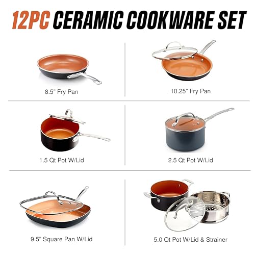 GOTHAM STEEL 12 Pc Titanium Ceramic Cookware Set Nonstick, Diamond Infused
