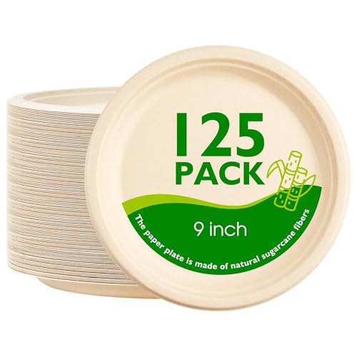 PACKINNO 9 Inch Compostable Paper Plates 125 Pack | Heavy Duty Paper Plates, Round Unbleached Disposable Paper Plates Made from Sugarcane Fibers