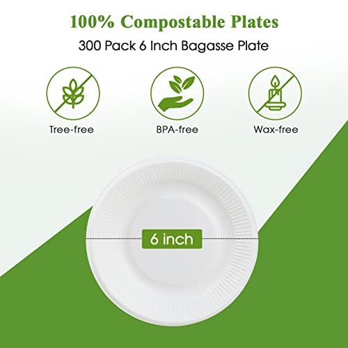 Vplus 100% Compostable Small Paper Plates, 300 Pack 6 Inch, Uncoated | Biodegradable, Made of Sugar Cane Fibers, Perfect for Sandwich, Cake, and Snack