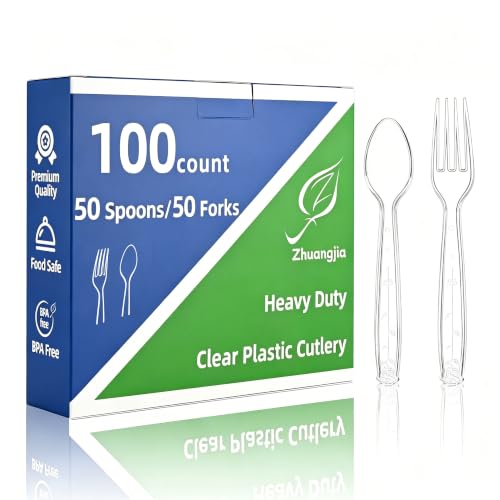 100 Count Plastic Silverware Heavy Duty 50Forks50Spoons | Shatterproof BPA-Free Disposable Cutlery Heat Resistant Disposable Plastic Utensils for Catering & Events, Party Supplies