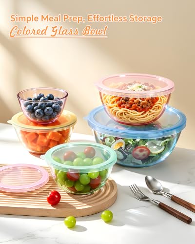 5 Pack Glass Mixing Bowls with Lids Set(4.78QT,2.2QT,1.7QT,1.1QT,0.85QT) | Color Thick Glass Large Salad Bowls,Nesting Bowls for Kitchen Baking,Prepping,Cooking,Serving,Dishwasher Microwave Oven Safe