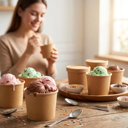 PakTalk 50 Pack Soup Containers with Lids, Disposable and Biodegradable Ice Cream Cups Kraft 12oz Paper Soup Bowls with Lids for Hot Drinking, Food, and Ice Cream (50 sets, 12 oz)