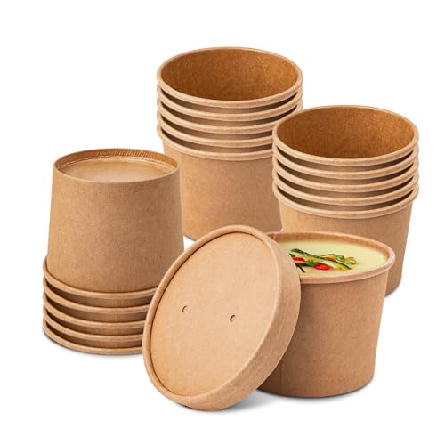 PakTalk 50 Pack Soup Containers with Lids, Disposable and Biodegradable Ice Cream Cups Kraft 12oz Paper Soup Bowls with Lids for Hot Drinking, Food, and Ice Cream (50 sets, 12 oz)