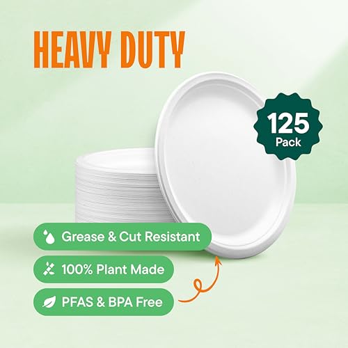 100% Compostable Paper Plates, Heavy Duty Disposable Plates [125-Pack] 9 Inch Plates - Eco-Friendly, Biodegradable Sugarcane Bagasse, Natural White 9" Sturdy Dinner Paper Plate Disposable