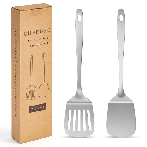 ChefBee 2PCS Stainless Steel Spatula Set, Solid & Slotted Turner | Heat Resistant, Heavy Duty Kitchen Utensils, Dishwasher Safe, For Flipping Fish Eggs Pancakes, Everyday Kitchen Cooking