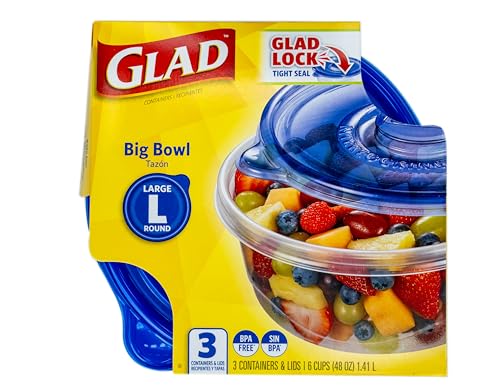 Glad GladWare Big Bowl Food Storage Containers, Large Round, 48 Oz, 3 Count | Lock-tight seal for soups, salads, and meal prep in a large round format, microwave and dishwasher safe