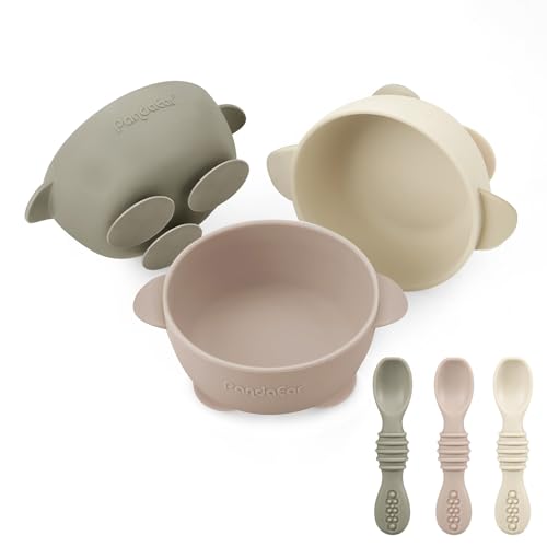 PandaEar 3 Pack Silicone Suction Baby Bowls & 3 Baby Feeding Spoons | Non-Slip Stay Put Bowls & Soft Silicone First Stage Spoons for Toddlers, BPA-Free Baby Led Weaning Set, Linen Brown Tan