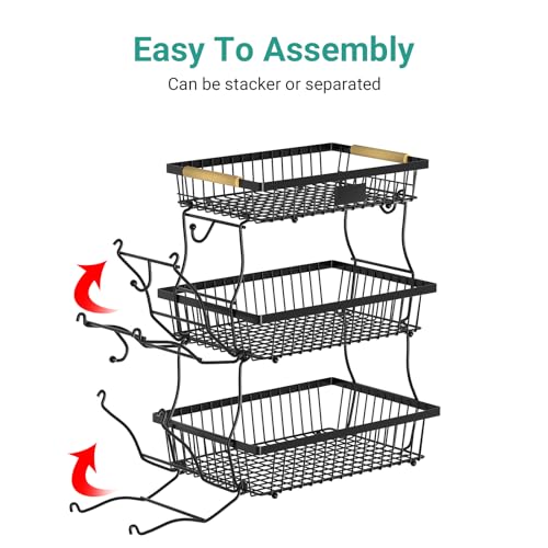 Astrorhine 3 Tier Fruit Basket for Kitchen Counter with 2 Banana Hangers, Countertop Metal Fruit Bowl with Wooden Handle, Large Storage Stand for Vegetables, Snacks, Breads, Produce Storage – Black