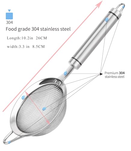 SUNWUKIN Fine Mesh Strainer with Handle Tea Sifter Stainless Steel Sieve | 18/8 Metal, Dishwasher Safe, Small strainer, Reinforced rim, Rust-proof, Hang loop, Filter for Food Rice Fruits Juice Drinks
