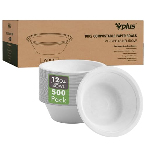 Vplus 500 Pack 12 OZ Compostable Paper Bowls, Bagasse Bowls Bulk，White | Disposable Compostable Bowls Bulk, Eco-friendly Bagasse Bowls, Heavy-duty Bowls, Perfect for Milk Cereals, Snacks, Salads