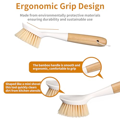 2 Pack Kitchen Dish Brush Bamboo Handle Dish Scrubber Built-in Scraper | Scrub Brush for Pans, Pots, Kitchen Sink Cleaning, Dishwashing and Cleaning Brushes are Perfect Cleaning Tools, White