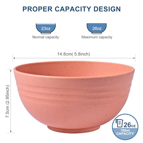 HOTEC 8-Pack 26oz Wheat Straw Cereal Plastic Bowls set, Multicolor | BPA Free Unbreakable, Microwave Safe, Dishwasher Safe, Soup and Salad Bowls