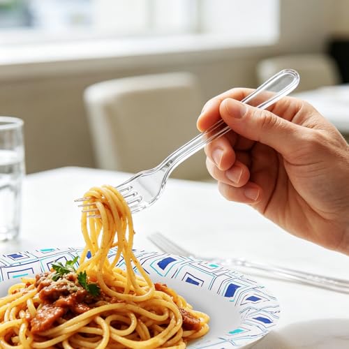 Lamosi 360 Count Extra Heavy Duty Clear Plastic Forks, Spoons, Knives | 150 Forks, 150 Spoons, 60 Knives Disposable Plastic Silverware Set, BPA-Free, Heat Resistant for Weddings, Parties & Events
