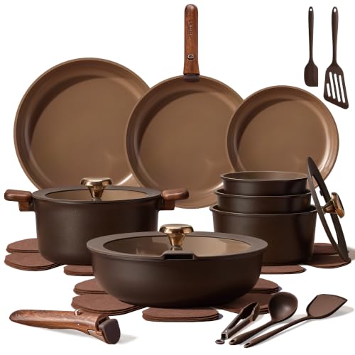 CAROTE 25pcs Ceramic Cookware Set, Pots and Pans Set with Detachable Handle