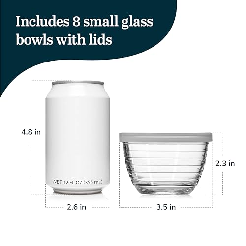 Libbey 8-piece Small Glass Bowl Set with Lids | 6.25 oz Capacity for Leftovers, Snacks, Sauces, Herbs & Toppings with Secure Lids and Dishwasher-Safe Easy Cleanup