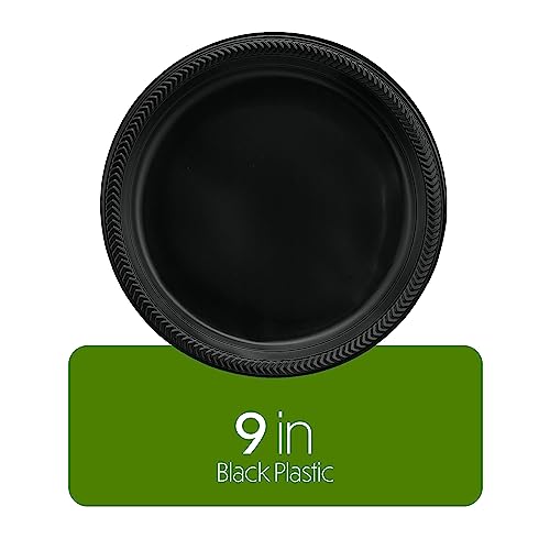 PLASTICPRO 100 PCS Black Plastic Plates Light Weight 9 Inch Plastic Dinner Plates Black Plates Disposable for Party and Wedding