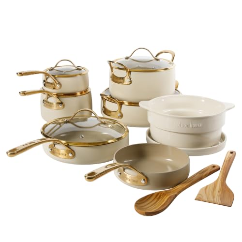 Bloomhouse 15-Piece Ceramic Nonstick Cookware Set, Two Time Oprah's Favorite Things, Heavy-Gauge Aluminum Pots and Pans Set, PFAS & PFOA & PTFE Free Ceramic Cookware, Oven Safe to 500°F, Almond Cream