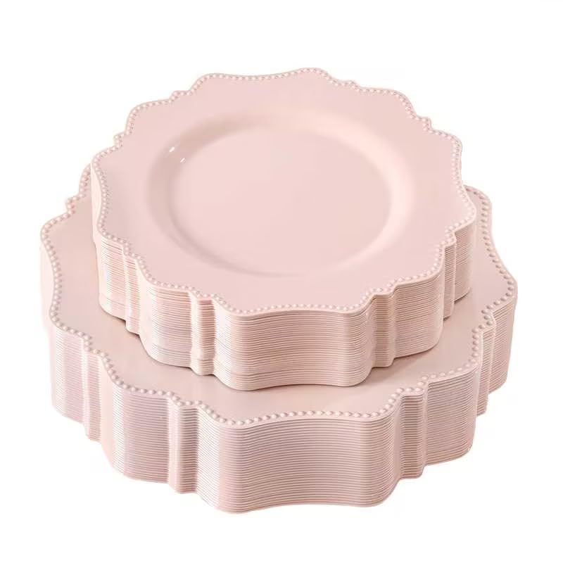 COLOSUS 60 PCS Pink Disposable Plastic Plates, Fancy Beaded Party Plates. | Pink Plastic Plates, Hard Scalloped Plates Include 10" Dinner Plates & 7.5" Dessert plates for Party, Birthday & Wedding.