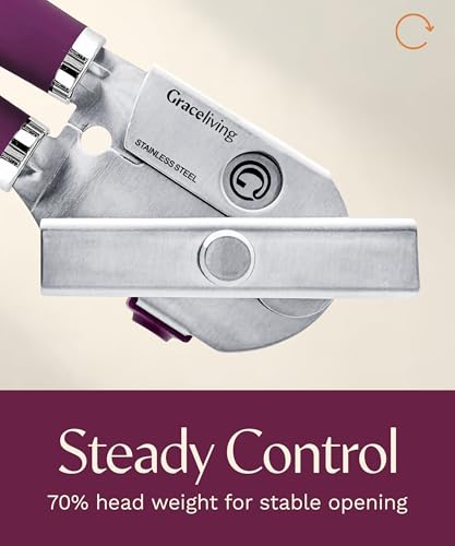 Graceliving Heavy Duty Manual Can Opener with Magnetic Lid Lifter, Mauve | Premium Stainless Steel Body, Sharp Cutting Blade, Oversized Easy-Turn Knob, Soft-Touch Handle, Bottle Opener, Kitchen Use