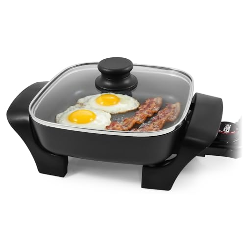Elite Gourmet 2.5Qt Compact Nonstick Electric Skillet, 8"x8", 600W | 200-400°F, Glass Lid, Removable Thermostat, EG808