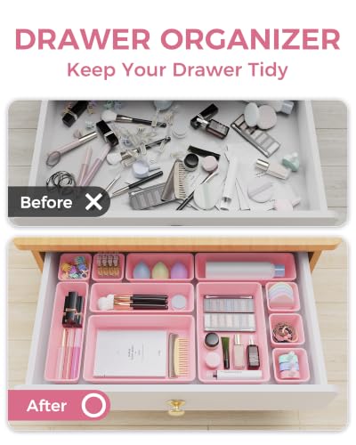 BiuLeon 25 PCS Plastic Drawer Organizers Set, 4-Sizes Vanity and Makeup Organizer, Desk and bathroom Drawer Organizer Trays, Organizers and Storage for Makeup, Jewelry, Gadgets, Utensils (Pink)
