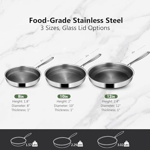 Vocvee Frying Pans, 10-inch with Lid, Hybrid Frying Pans Stainless Steel Skillets, Dishwasher & Oven-Safe, Stay-Cool Handle, PFOA Free Cookware, Compatible with All Cooktops