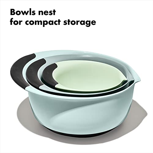 OXO Good Grips 3-Piece Plastic Mixing Bowl Set- Blue, Gray, Jade | 1.5, 3 & 5 Qt Capacities, Wide Spouts To Pour , Non-Slip Base, Nest for Storage, Ideal for Mixing and Baking, Dishwasher Safe