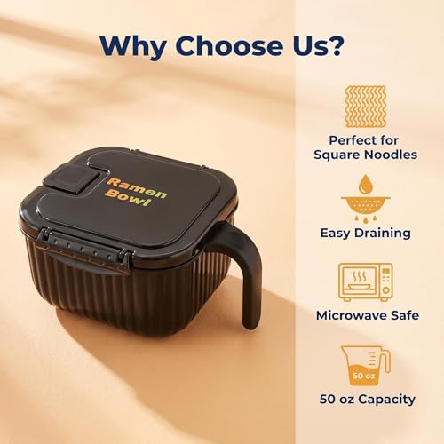 Ramen Bowl Set,Ramen Noodle Bowls for Large Square or Round Noodle Microwavable 45 oz, Ramen Cooker, Microwave Pasta Cooker, Food Container Microwave Gift for College Male Female Dorm Room(black)