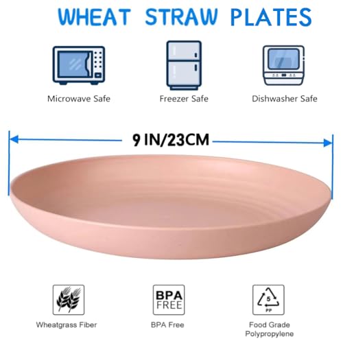 9 Inch Unbreakable Wheat Straw Plates - Reusable Plate Set - Dishwasher & Microwave Safe - Dinner Dishes Lightweight Plates Salad Kids Adult Plate for Kitchen Camping - BPA Free (Plate-9in)